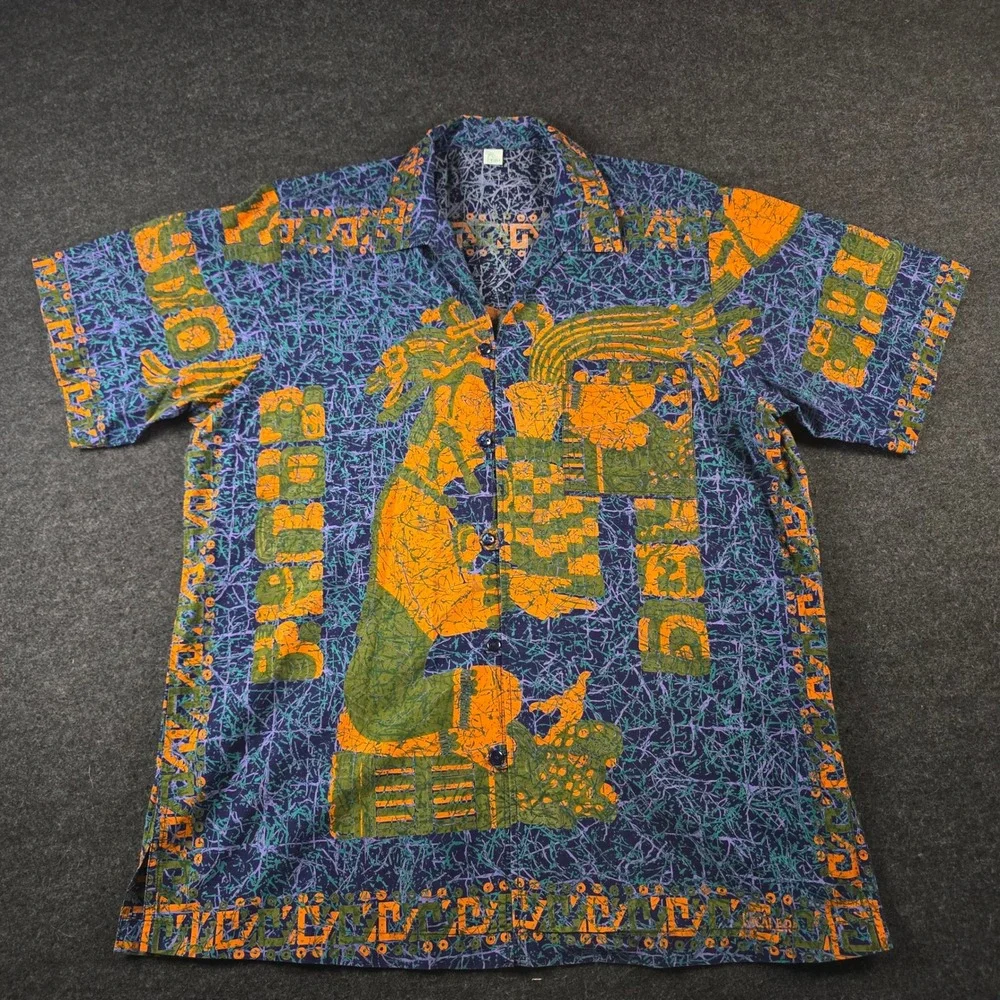 Vtg Button Down Camp Shirt Mexico Aztec Mayan Batik Graphic Print Men's XL